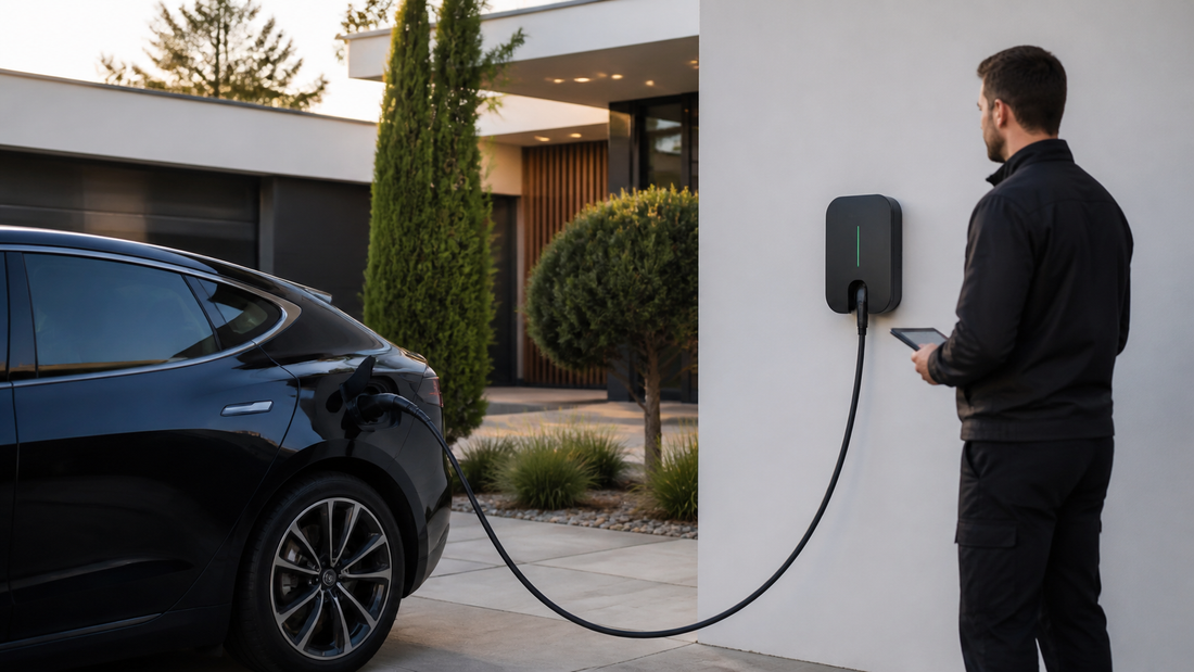 Installateur IRVE contrôlant une borne de recharge résidentielle devant une maison avec voiture électrique branchée
