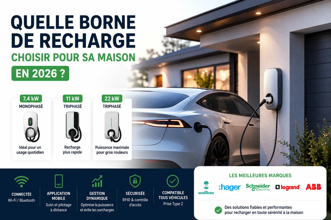 Comparatif des bornes de recharge voiture électrique 7,4 kW, 11 kW et 22 kW pour maison individuelle en 2026.