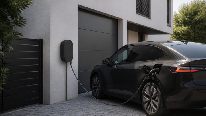 Borne de recharge 22 kW triphasée installée devant une maison avec voiture électrique branchée