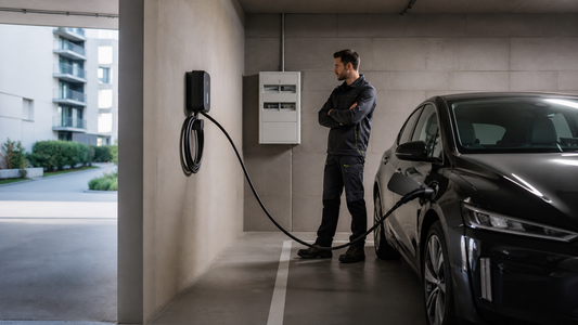 Borne de recharge installée en copropriété dans un parking résidentiel avec voiture électrique branchée