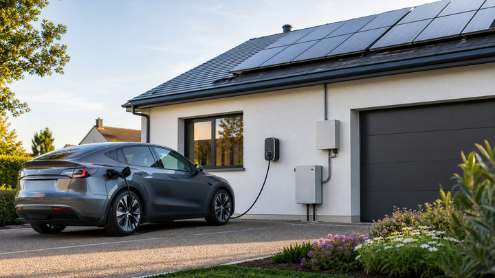 Borne de recharge solaire devant une maison avec panneaux photovoltaïques et voiture électrique branchée