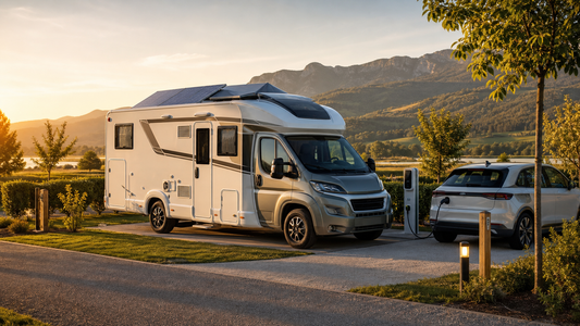 Camping-car avec panneaux solaires et voiture électrique en recharge sur une aire moderne
