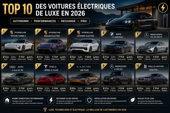 Top 10 des voitures electriques de luxe en 2026 autonomie performances recharge prix