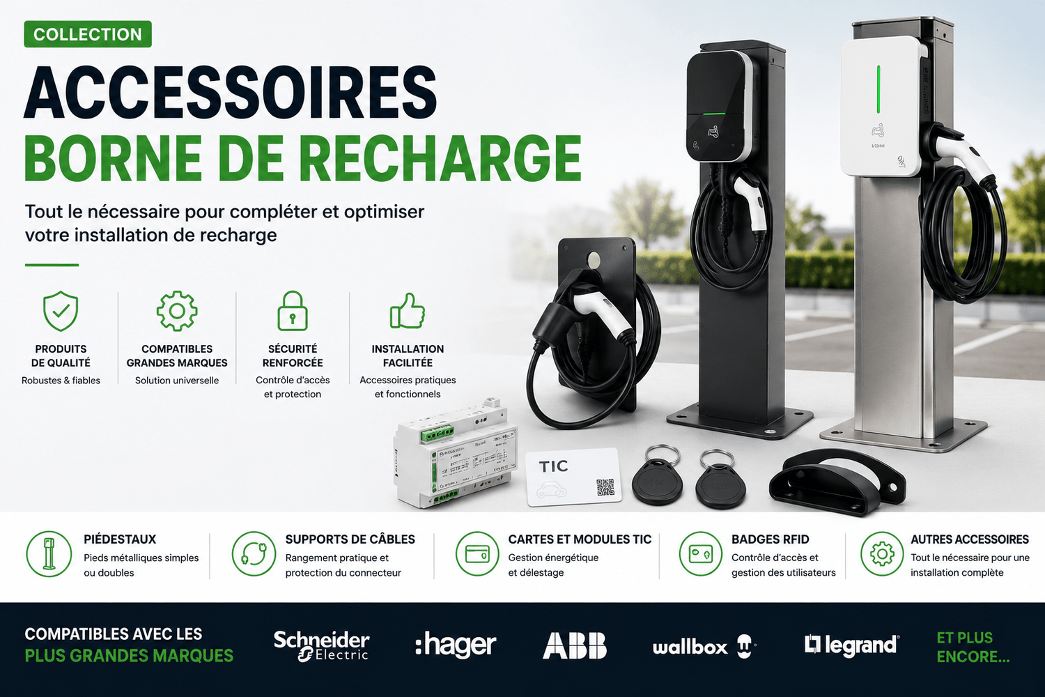 Accessoires IRVE pour bornes de recharge : piédestaux, RFID et supports - Chargelec