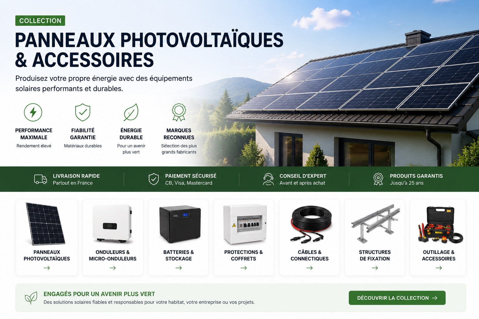 Collection Chargelec panneaux photovoltaïques et accessoires solaires : panneaux, onduleurs, batteries, protections, câbles, structures et outillage